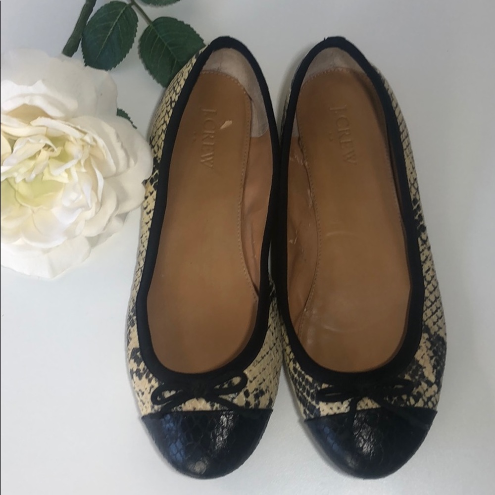 J. Crew Leather Python Print Ballet Flat Black Si… - image 2
